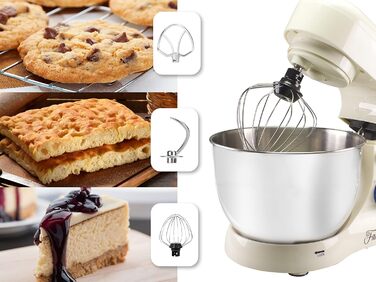 Міксер планетарний BEPER BP.200, 1000 Вт, 4.5 л, нержавіюча сталь, для замішування, подрібнення, приготування тіста, кремового кольору