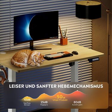 Регульований за висотою стіл Devaise з тихим мотором та функцією пам'яті для 3 положень, стіл для сидіння та стояння, регулювання висоти 72–118 см, ергономічний комп'ютерний стіл для офісу, білий (100x60 см, колір дуб)