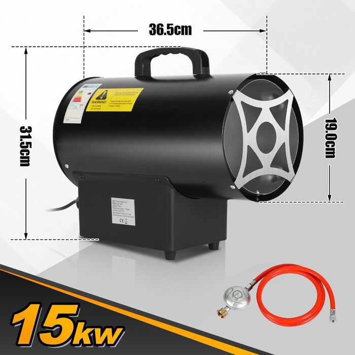 Газовий нагрівач для приміщень Ikodm (15 кВт), 220V, 320 м³/год, з газовим шлангом 1,2м та редуктором тиску 700 мбар