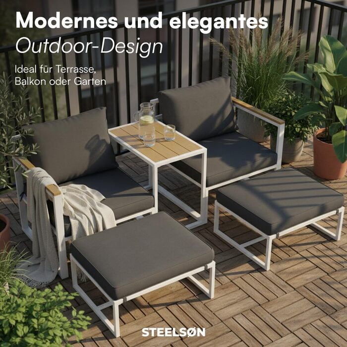 Садовий набір меблів STEELSØN Asteri 5 предметів: 2 крісла, 2 пуфи, стіл - білий, з подушками, для тераси та балкона, металевий каркас, стійкий до погодних умов