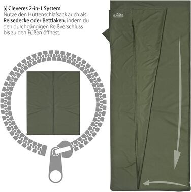 Спальний мішок Outdoro Cabin Sleeping Bag, надлегкий туристичний спальний мішок - всього 350 г з чистої бавовни з відділенням для подушки - тонкий і маленький - цокання, дорожнє простирадло зеленого кольору