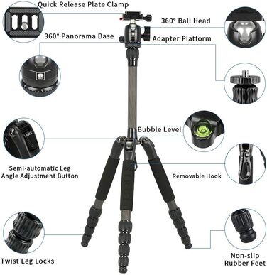 SIRUI T-025SK+B-00K туристичний ультралегкий штатив-тринога з вуглецевого волокна з кульовою головкою, висота 128 см, вага 0,98 кг, вантажопідйомність 5 кг