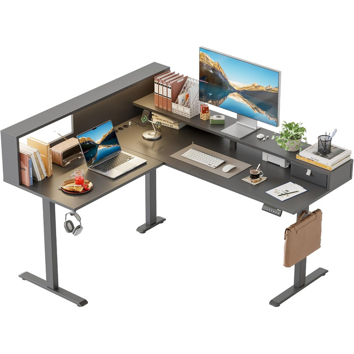 Електричний кутовий стіл Klicelor з регулюванням висоти, L-подібний стіл для стоячи роботи з 3 функціями пам'яті та антиколізійною технологією, ергономічний комп'ютерний стіл, білий (160 x 140 см) з LED-підсвічуванням та штекером