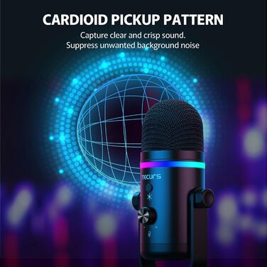 TECURS Мікрофон USB для ігор з RGB підсвічуванням, шумозаглушенням та студійним звуком – для стрімінгу, подкастів, PC, Mac, PS4, консолі, чорний