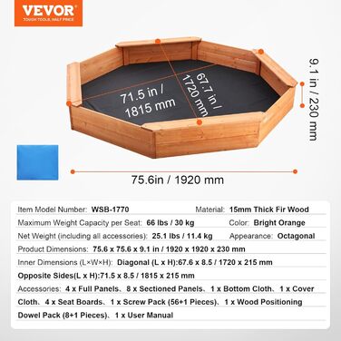 Дерев'яний пісочниця VEVOR з кришкою, восьмигранна пісочниця, пісочниця з 4 місцями для сидіння та підстилкою, дитяча пісочниця для саду, подарунок для хлопчиків та дівчаток віком 3–12 років, дерево + восьмигранна форма