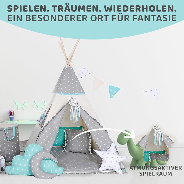 Дитяче намет-типі з ковдрою, подушкою, віконцем та кошиком для іграшок. Намет-індейський для дітей з бавовни, для гри в приміщенні та на вулиці (з елементами вовка, зірки, сірого кольору)