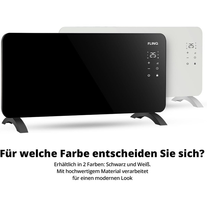 Розумний конвекторний обігрівач FlinQ 2000 Вт - Скляний конвектор, керований за допомогою програми - Обігрів до 60 м3 - Мобільний обігрівач Електричний - 96 x 46 x 13 см - (Чорний)