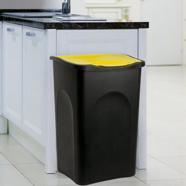 Відро для сміття Stefanplast об'ємом 50 літрів з кришкою, Чорний, жовтий сміттєвий бак, пластикове відро для сміття для кухні, офісу, велике, чорне / жовте