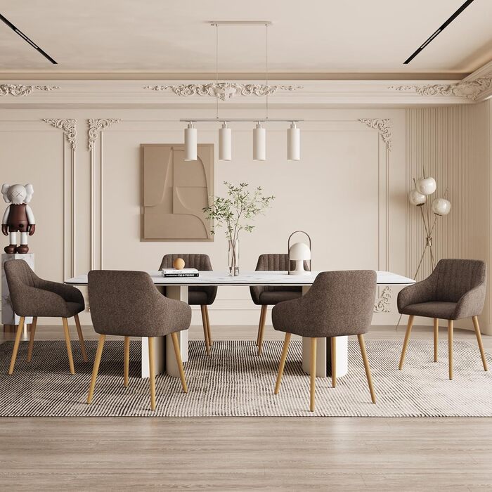 Крісло для обідньої зони з підлокітниками, бежеве, на дерев'яних ніжках, з м'яким сидінням (4 шт., коричневий поліестер)