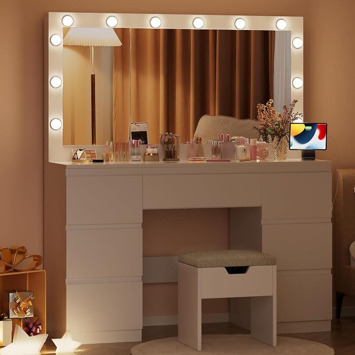 Дзеркальний туалетний столик Airfish з LED-підсвіткою та великим дзеркалом, 120x40x140 см. Туалетний столик з шухлядами та косметичним ящиком для спальні, білий