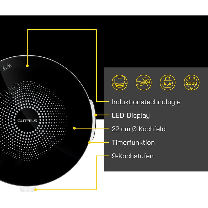 Індукційна конфорка GUTFELS INDUK 2020 Автоматичне визначення горщика Потужність 2000 Вт Сенсорне керування Батьківський контроль Індукційні Конфорка
