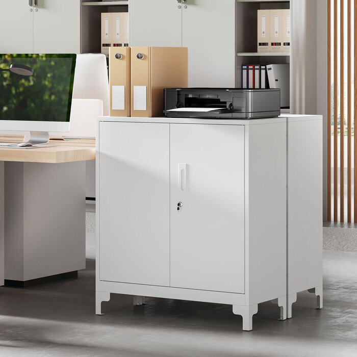 Металева шафа для офісу, з замикаючими дверима, офісна комода, двоярусна конструкція, білий колір