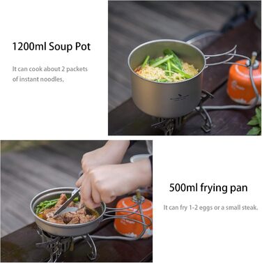 Набір кухонного посуду iBasingo Titan Topf Pfanne Set 1200мл & 500мл: каструля, сковорода, миска для кемпінгу, туризму, приготування їжі на природі. Легкий набір з 2 шт. з розкладним ручками. Ідеально для 1 особи. Ti2110C