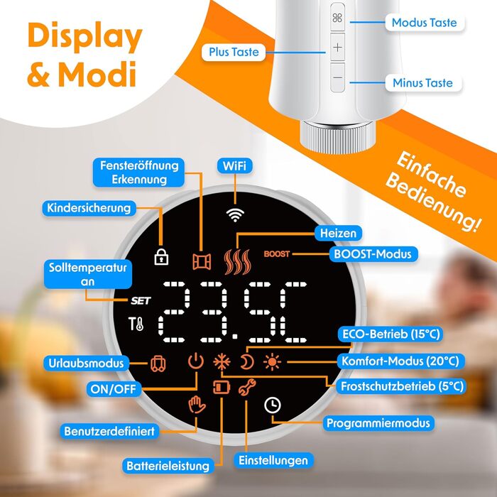 KESSER® WiFi термостат на радіатор опалення з керуванням через додаток Smart Home | Комплект з 6 вентилів для опалення, сумісний з Alexa та Google Assistant | Економія енергії та коштів, білий