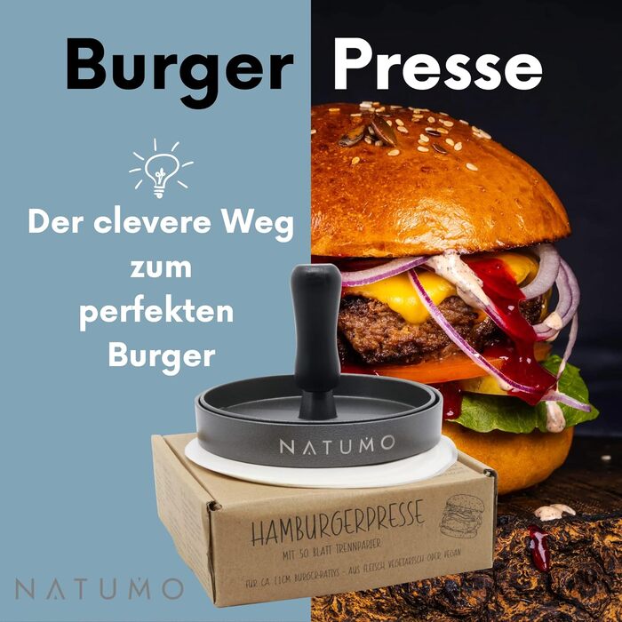 Набір пресів для гамбургерів NATUMO, прес для гамбургерів та папір (50 шт.), лита алюмінієва форма для гамбургерів (Ø 11 см, 200 г), професійний прес для пиріжків (метал)