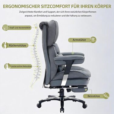 Офісне крісло Efomao X-Stickerei для дому та офісу, шкіряне (PU) для великих та високих, з регульованою спинкою, підставкою для ніг та підтримкою попереку, чорне, до 200 кг