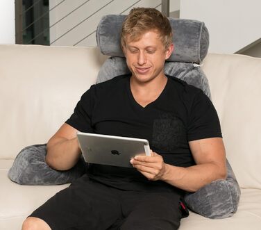 Подушка для чоловіків з підлокітниками - темно-сіра, преміум-якість, для читання та відпочинку в ліжку. Знімний валик для шиї, Memory Foam.