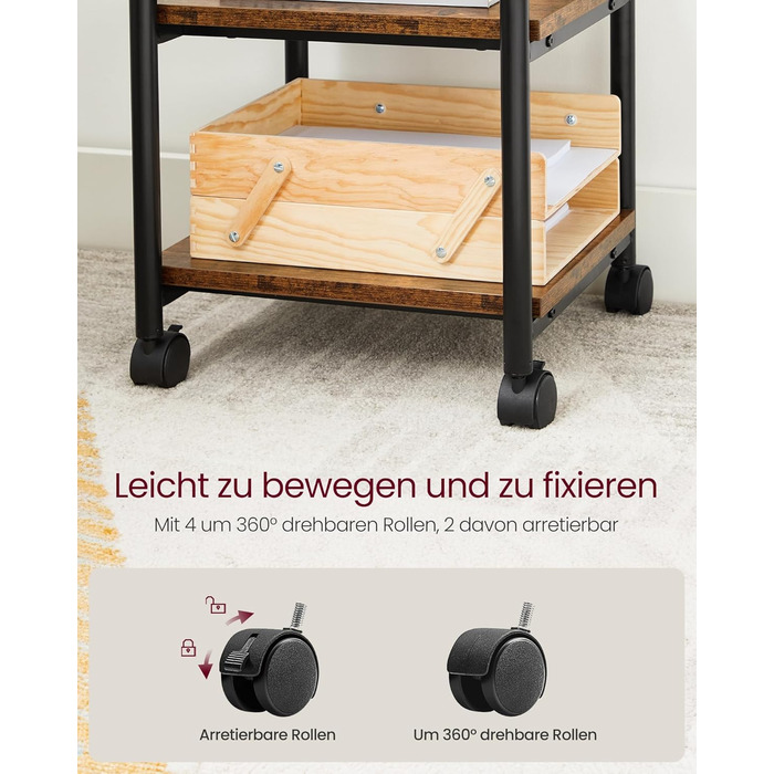 Столик для принтера VASAGLE з роликами, 3-рівневий, регульована стільниця, промисловий стиль, для офісу/кабінету, вінтажно-коричнево-чорний, OPS003B01V1