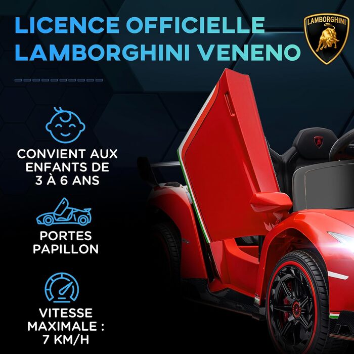 Дитячий електромобіль Lamborghini Veneno HOMCOM 12V з пультом, музикою, червоний, ліцензійний, знімна батарея, для дітей 3-6 років, фірмові двері-крила