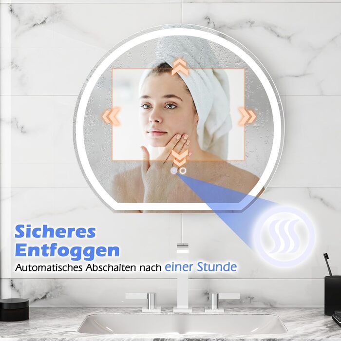 Дзеркало для ванної кімнати RELAX4LIFE з підсвічуванням, настінне напівкругле, 60 x 54 см, LED, сенсорне керування, функція пам'яті, антизапар, 3 кольори світла, регулювання яскравості