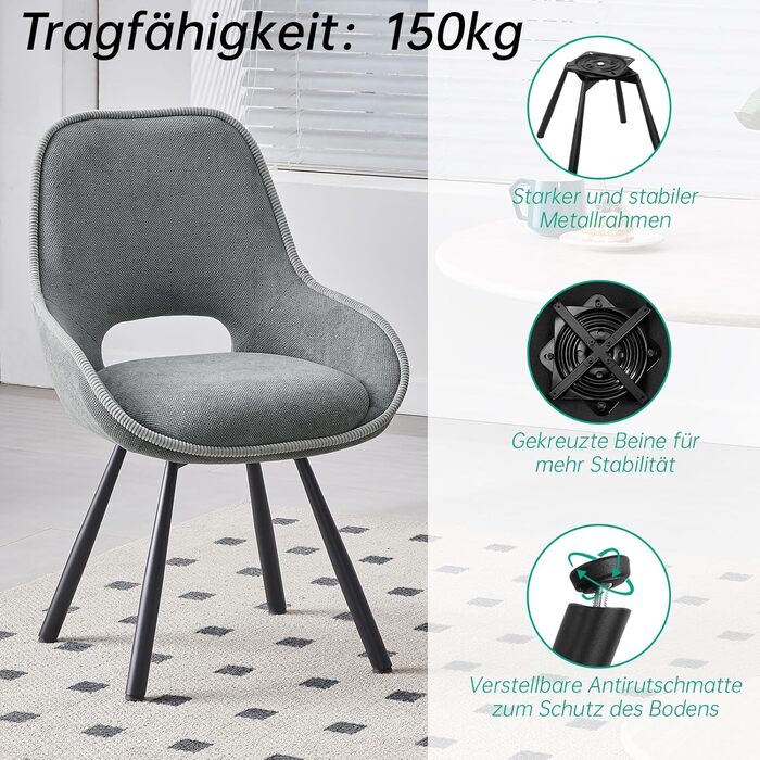 Обертові кухонні стільці для їдальні 6 шт. з низькими підлокітниками, поворот 180°, автоматичне вирівнювання, стільці для кухні та їдальні, сірий колір (2 шт. в наборі)