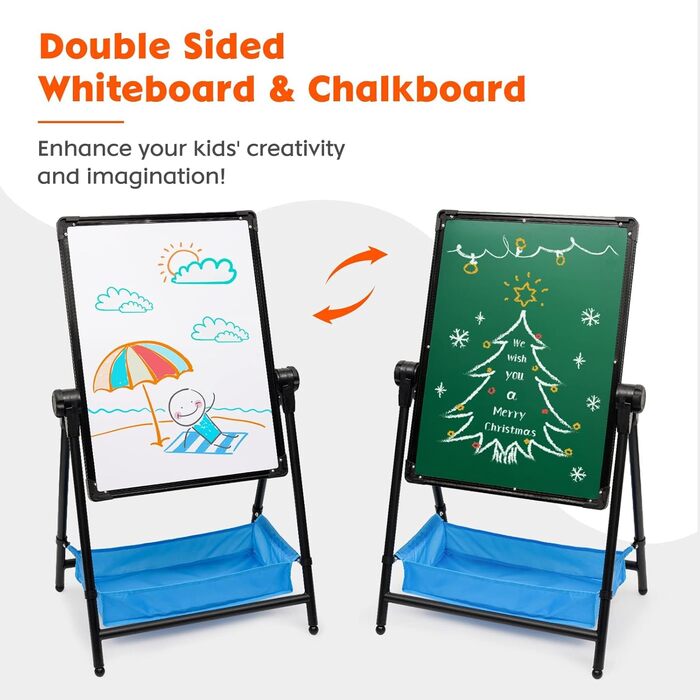 Дитяча мольберт Kinderstaffelei, двосторонній, складний, регульований по висоті, з місцем для зберігання, 360° обертання, мольберт та дошка для малювання з набором літер та цифр, для хлопчиків та дівчаток (Чорний)