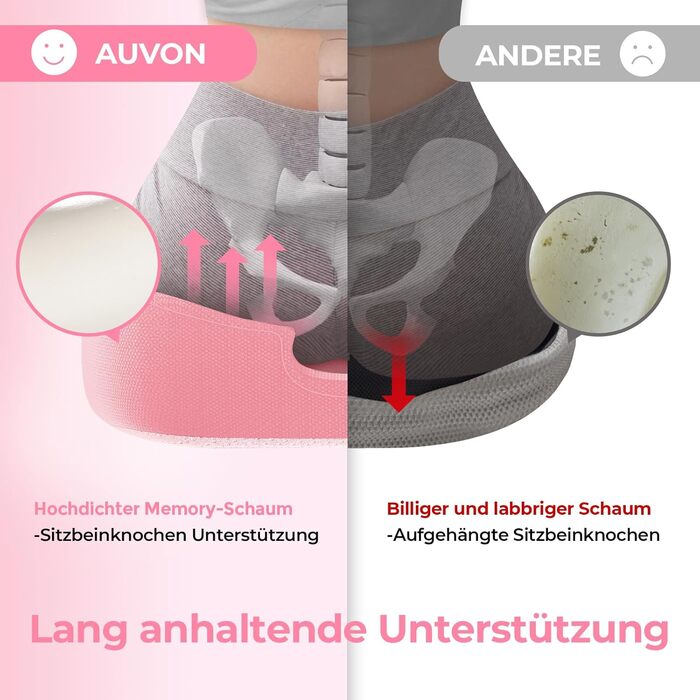 Ортопедична подушка для сидіння AUVON: комфорт при геморої, для офісу, авто, інвалідного візка. Зняття болю при ішіасі та вагітності (рожева)
