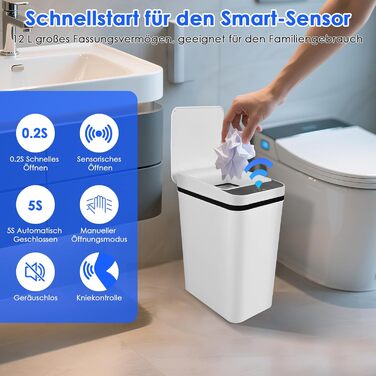 Набір з 2 відер для сміття з сенсором, 12л, автоматичний відкривання кришки, 3 режими роботи, тихе, водонепроникне, інтелектуальне відро для сміття, для кухні, офісу, вітальні, ванної кімнати (Чорний+Білий)