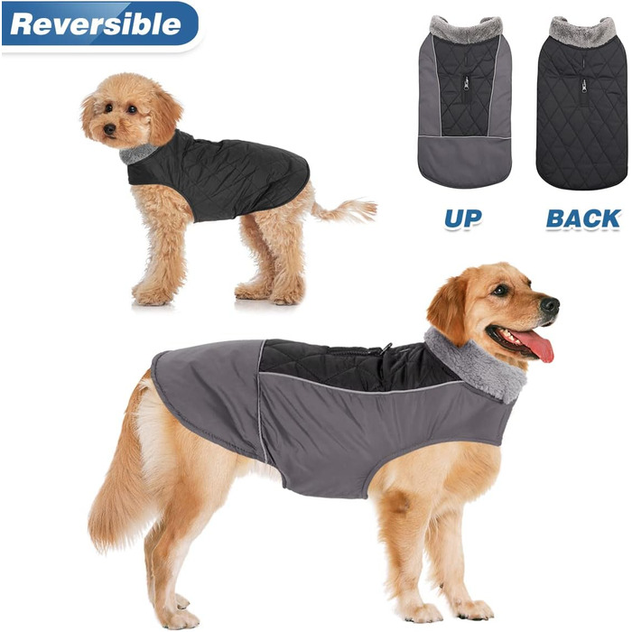 Тепла собача шуба Besmall для маленьких і середніх собак, куртка для собак з бавовняною підкладкою, водонепроникна, вітрозахисна для зими, змінний дизайнерський одяг (XL, Чорний) XL (розмір грудей 60-70 см) чорний