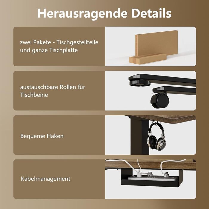 Регульований стіл, 180x80 см, електричний стоячий стіл з двома моторами, сенсорна панель, USB-A, кабелеуправління, стільниця 25 мм, ергономічний офісний стіл, білий (180 x 80 см, коричневий)