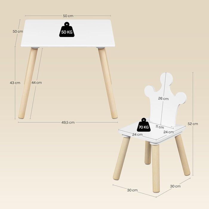 Дитячий стіл з 2 стільцями Woltu для дитячої кімнати, ігрової зони, садочка. Зручні стільці з підлокотниками. Комплект меблів з МДФ та масиву дерева, білий + світлий дуб. Квадратний стіл.