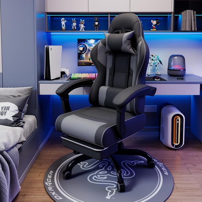 Ігровий крісло, офісне крісло з підніжкою, ергономічне крісло з регульованою спинкою 90-135°, вантажопідйомність 150 кг (сірий)