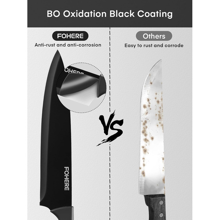 Набір ножів FOHERE 13 предметів з підставкою, нержавіюча сталь, з інтегрованим точилом, антипригарне покриття, ергономічні ручки, чорний граніт