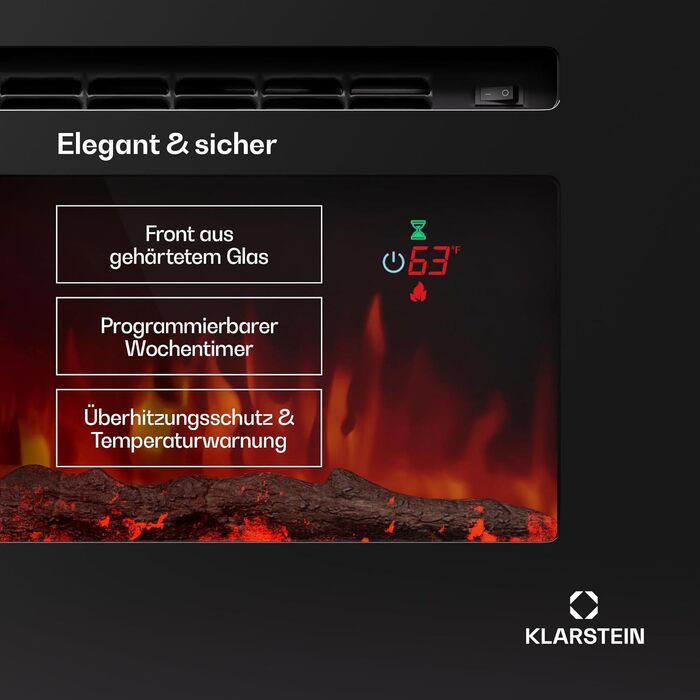 Електрокамін Klarstein Galeras Smart 1800 Вт, LED-полум'я, керування через додаток і пульт, регулювання кольору й яскравості, захист від перегріву, настінний, чорний, 152,5x47x13 см