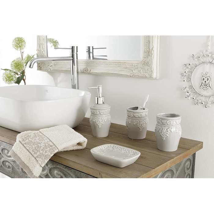 МОНТЕМАДЖІ, керамічний набір для ванної з 4 предметів світло-сірого кольору, включаючи дозатор, тримач для зубної щітки, чашку і мильницю