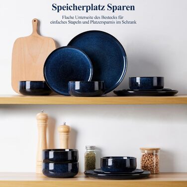 Набір посуду Joyfair на 6 осіб (18 предметів) з кераміки, блакитного кольору. Тарілки, миски, глибокі тарілки. Для мікрохвильовки та посудомийної машини.