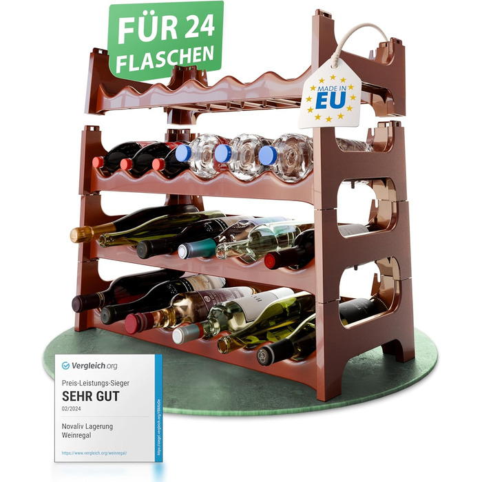 Стелаж для пляшок Novaliv на 24 пляшки, коричневий, розширюваний, стекуваний, органайзер для напоїв, для PET-пляшок, для вина, стелаж для напоїв