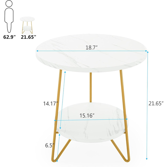 Круглий журнальний столик Tribesigns, 2 яруси, штучний мармур, сучасний, білий/золотий, 1 шт. /2 шт.