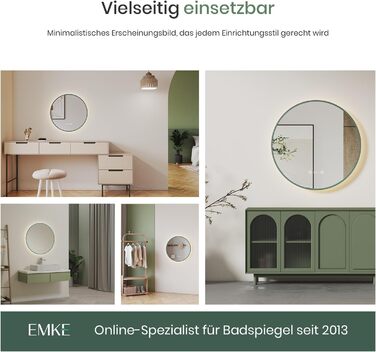 Круглий дзеркало для ванної кімнати EMKE з підсвічуванням 60 см - з антизапарюванням, регулюванням яскравості, годинником, індикатором температури, сенсорним керуванням, функцією пам'яті, енергозберігаючий. Розмір: 80x80 см.