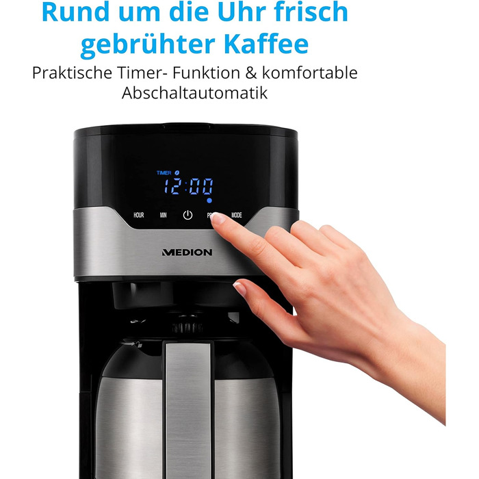 Кавоварка MEDION з термосом, колбою і таймером (фільтр-машина, 8 чашок, 1,2 літра, 900 Вт, 3 рівні, функція підтримки тепла, таймер, перемикач таймера, антикрапельний, дисплей, MD18458) нержавіюча сталь