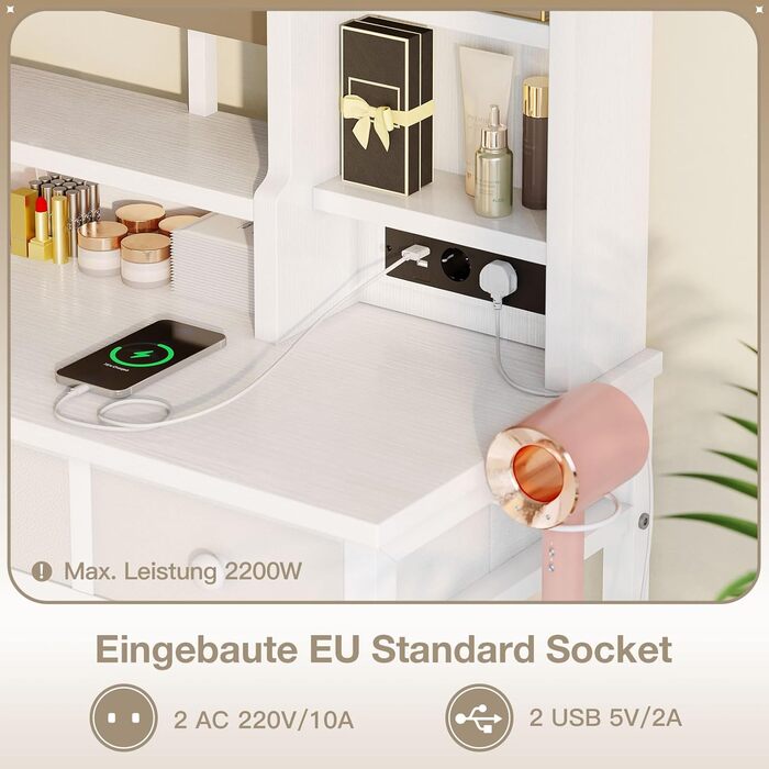 Трюмо ODK з регульованим LED-дзеркалом, туалетний столик з 4 висувними ящиками, USB-порт, білий колір, 100×40×140 см