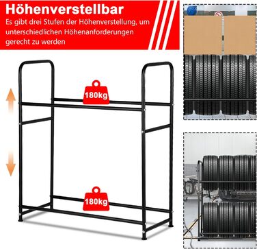 Стеляж для шин 107 x 46 x 117 см: міцна конструкція на 8 шин, регулювання висоти, вантажопідйомність 180 кг, з захисними чохлами, для гаража, підвалу, майстерні