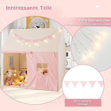 Дитячий намет GOPLUS з м'яким килимком, зірочками та китицями, ігровий будиночок для дому та вулиці з вікнами, дверима та кишенями, для дітей від 3 років (Рожевий)