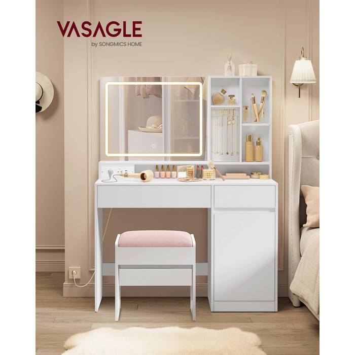 Дзеркальний туалетний столик VASAGLE з пуфом, 110 см, з підсвічуванням та розеткою, кольори: білий та пастельно-рожевий, RDT734W01