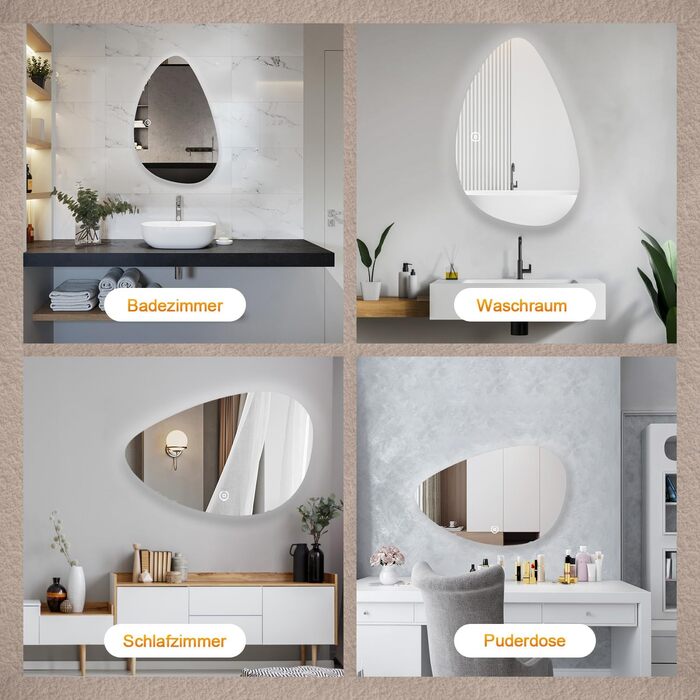 Асиметричне дзеркало для ванної кімнати Boromal з підсвічуванням 80x80 см, LED, сенсорний вимикач, 3 кольори, регулювання яскравості