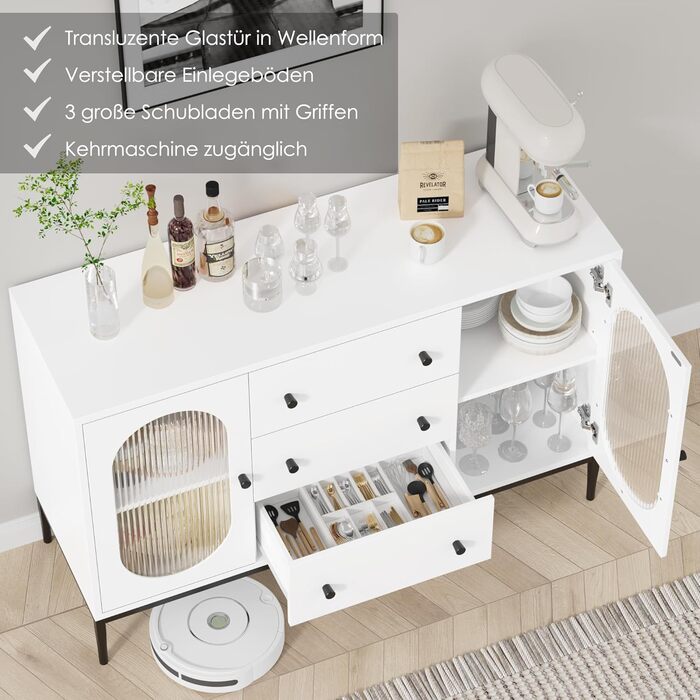 Буфет-шафа FirFurd 120 см білий з робочою поверхнею, 2 скляні дверцята та 3 висувні ящики для кухні, вітальні, їдальні. Розміри: 120x38x80 см