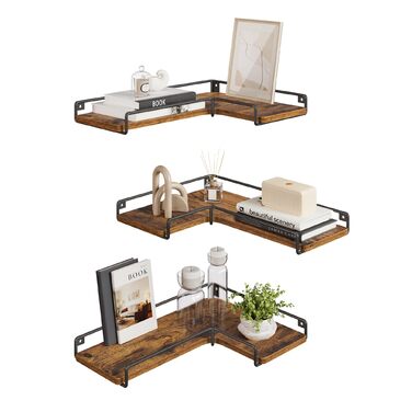 Набір кутових настінних полиць VASAGLE L-подібні, індустріальний стиль, для вітальні, спальні та кухні, вінтажний коричневий та чорний, 3 шт. (LLS831B01)