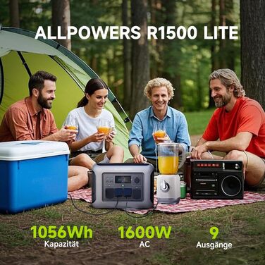Powerstation ALLPOWERS R1500 Lite: портативна електростанція 1056Wh LFP, 4x 1600W AC, сонячна панель, швидка зарядка, резервне живлення для кемпінгу, RV, невідключеності