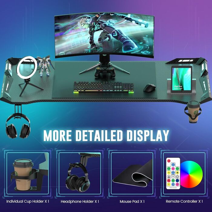 Ігровий стіл Kidsgigglz з LED-підсвічуванням 120x60 см: ергономічний комп'ютерний стіл з тримачем для напоїв та гачком для навушників для дому, офісу, кутовий стіл (140x60 см з рамою)