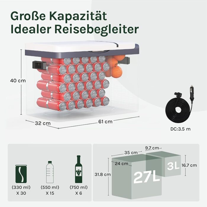Автомобільний холодильник WOLTU 30л, електричний 12/230V, двозонний, для авто, пляжу, пікніка - білий + адаптер